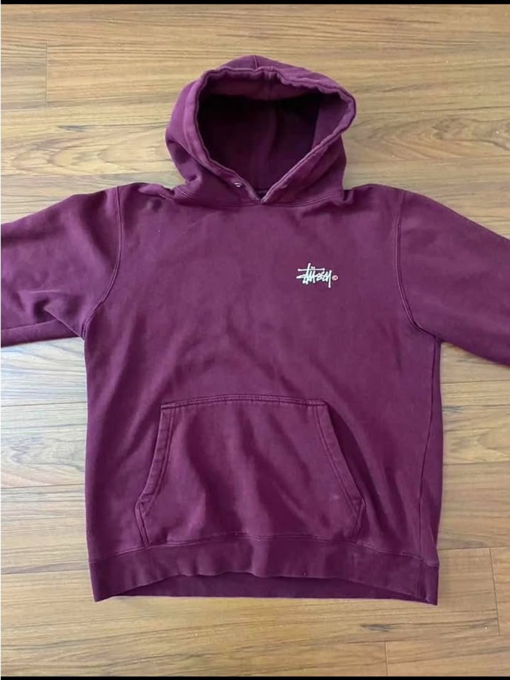 Stussy Men's Maroon Crewneck Hoodie with White Logo